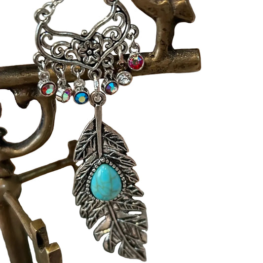 Western Silver Leaf Keychain with Stone