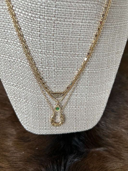 Gold Triple Chain Horseshoe Necklace