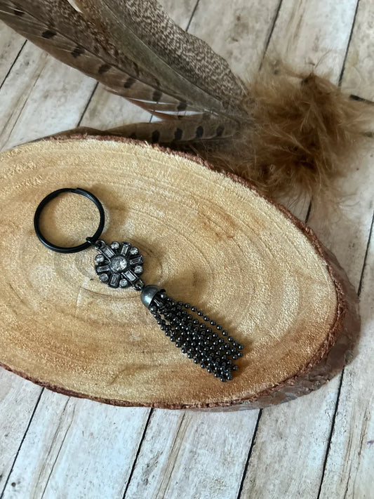 Bag Charm Black Flower Charm with Black Chains Keychain