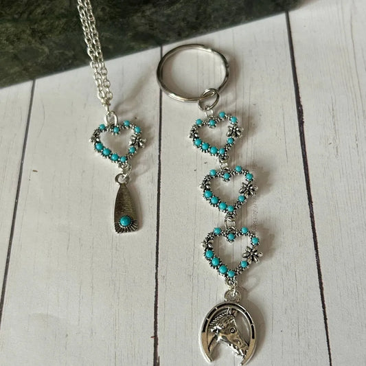 Western Keychain-Necklace Set Hearts and Horseshoe