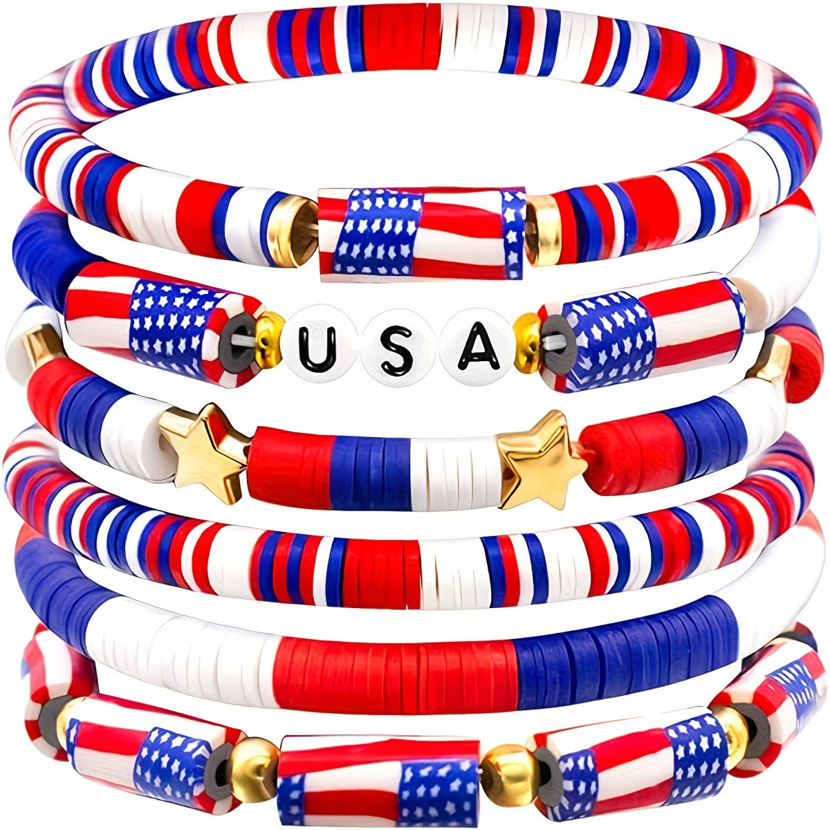 Red, White, And Blue Bracelets, American Flag Bracelets, Patriotic Beaded Stackable Bracelets, Summer Beach Waterproof Surfer Bracelet Set