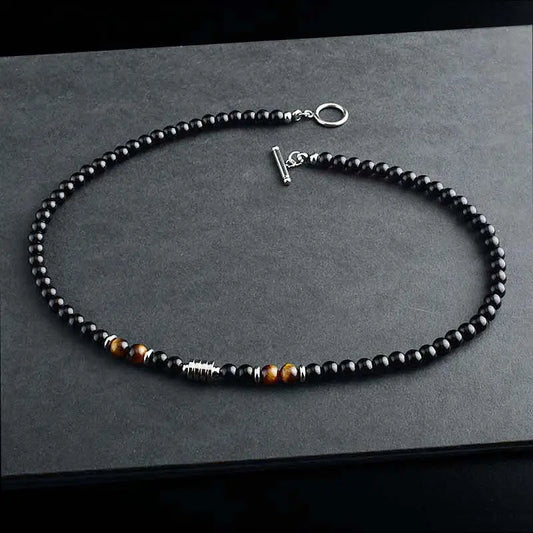 Black Agate Crystal Bead Men Necklace in Stainless Steel