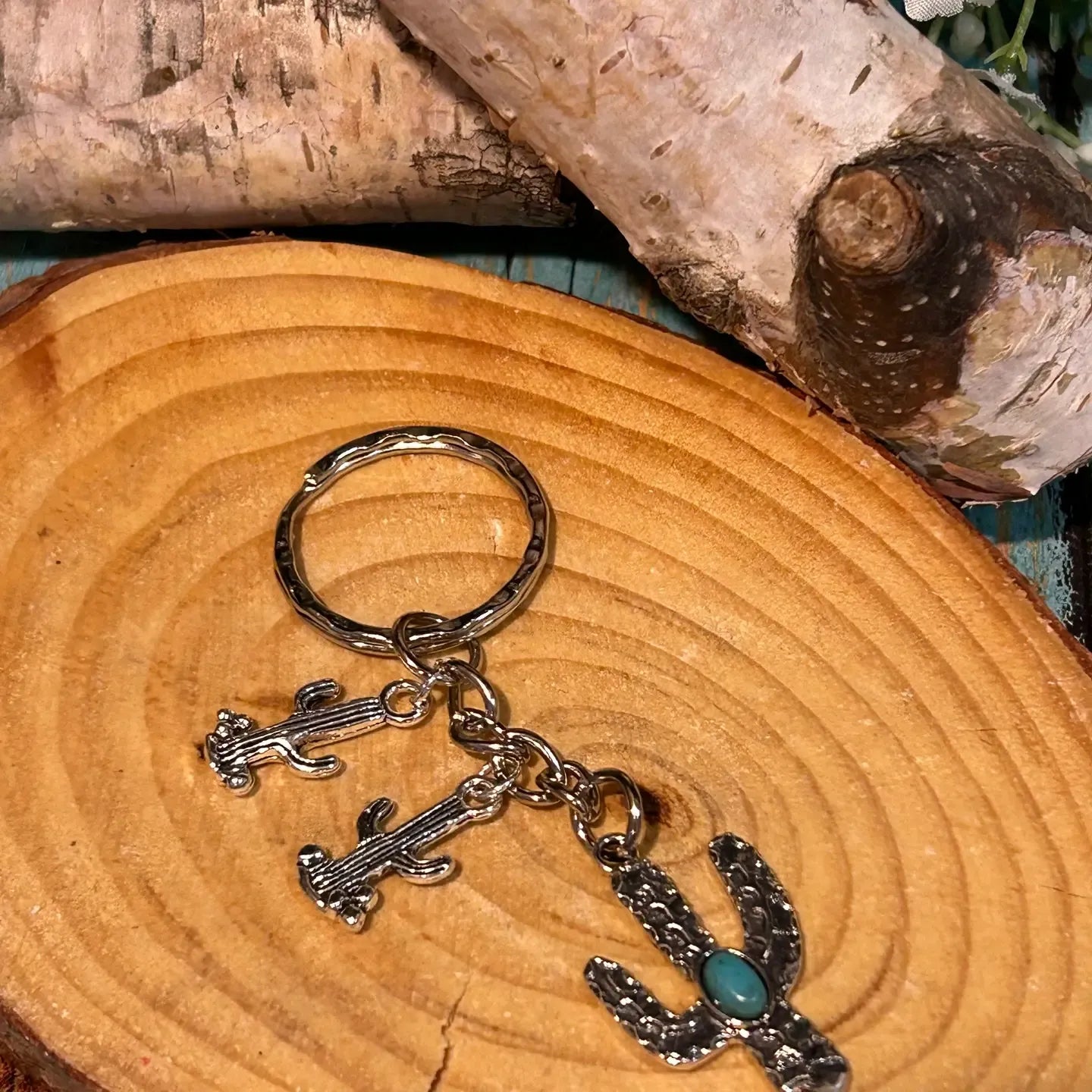 Western Three Cactus Charms Keychain