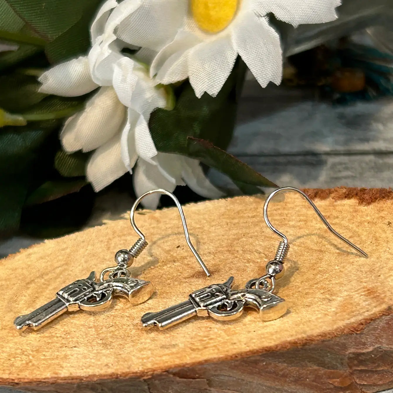 Revolver Silver Gun Dangle Earrings