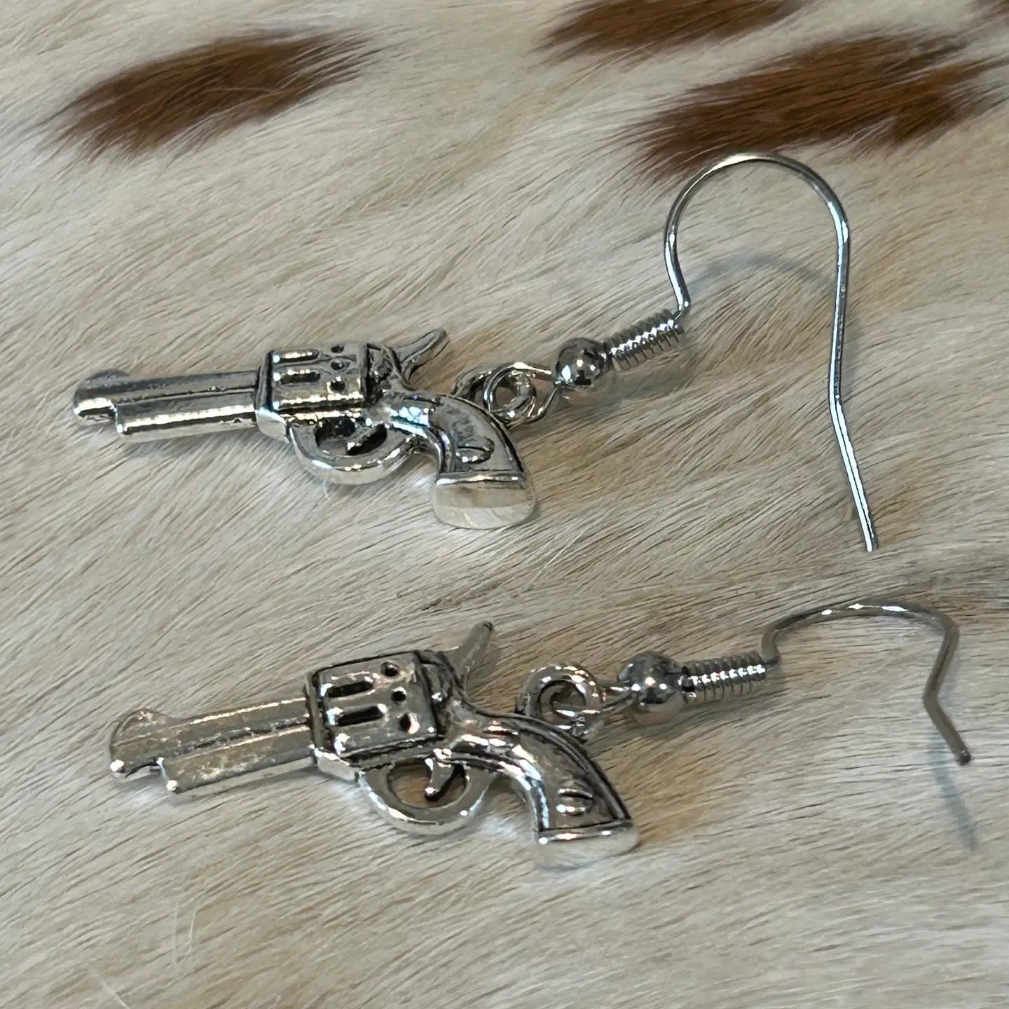 Revolver Silver Gun Dangle Earrings