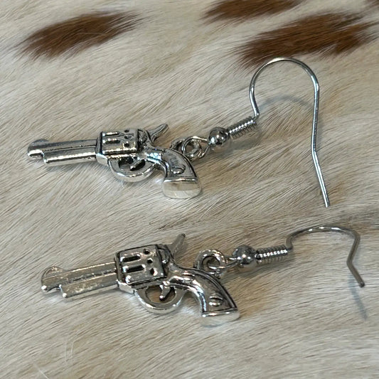 Revolver Silver Gun Dangle Earrings