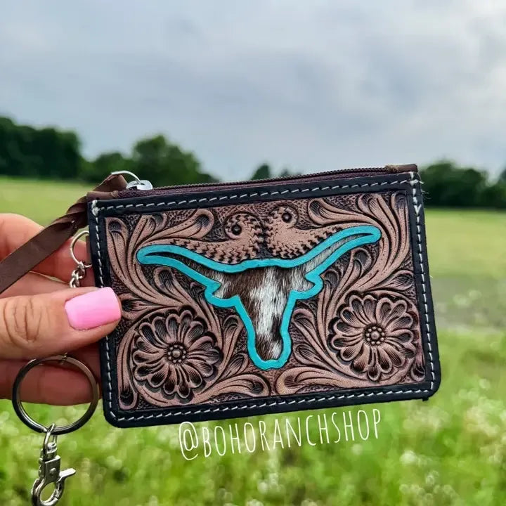 Western Cowhide Leather Keychain Wallet Longhorn