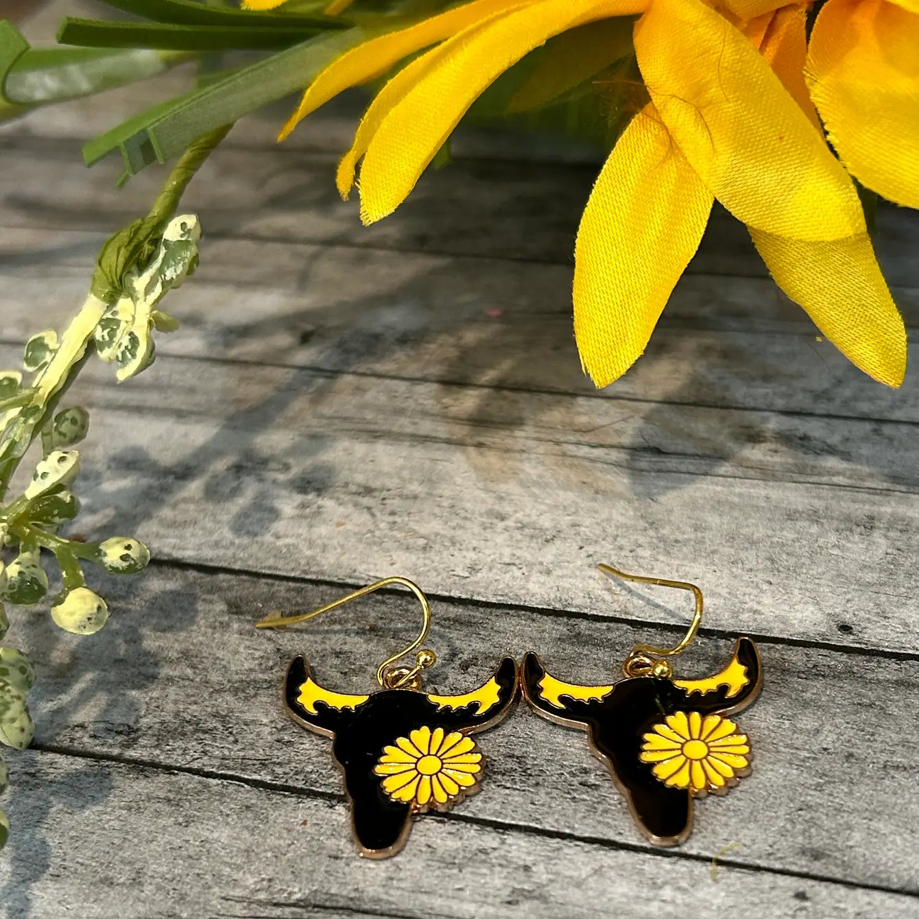 Yellow Black Steer Head Earrings