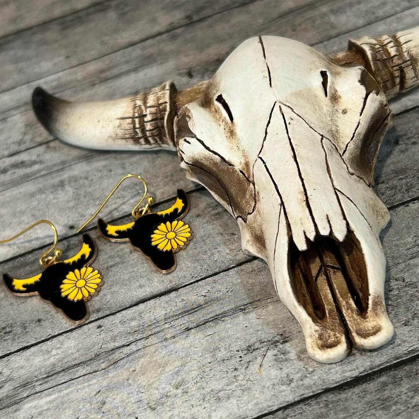 Yellow Black Steer Head Earrings
