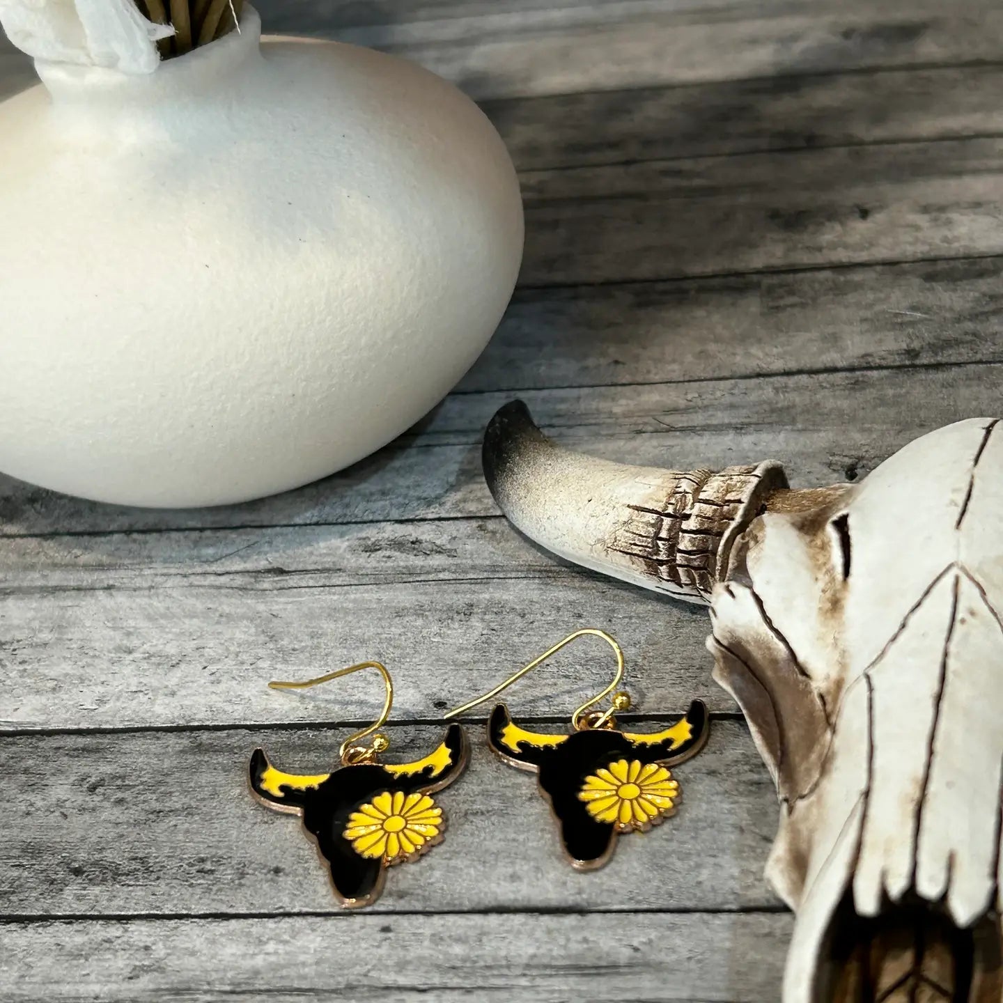 Yellow Black Steer Head Earrings