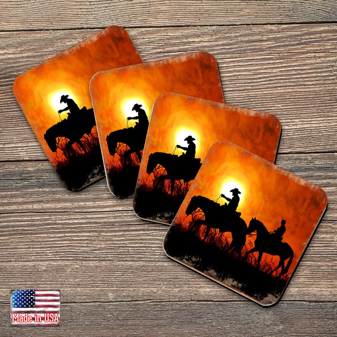 Cowboy Sunset Ride Wooden Cork Coasters Gift Set of 4 by Nature Wonders - Nature Wildlife Decor  - 95230C-S4-1