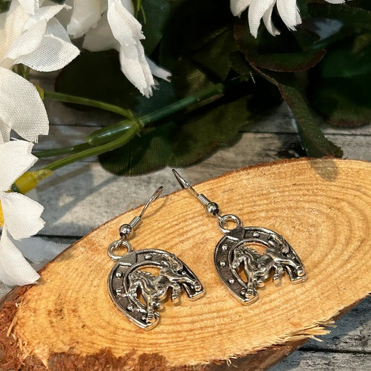 Western Horseshoe with Running Horse Earrings