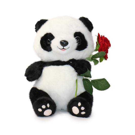 10-Inch Black and White Romeo Panda with Red Rose