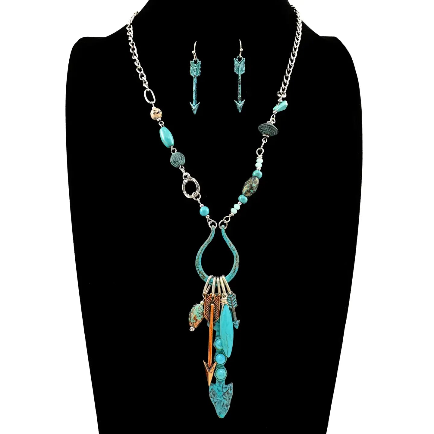 Turquoise Arrow Horseshoe Western Style Necklace and Earrings