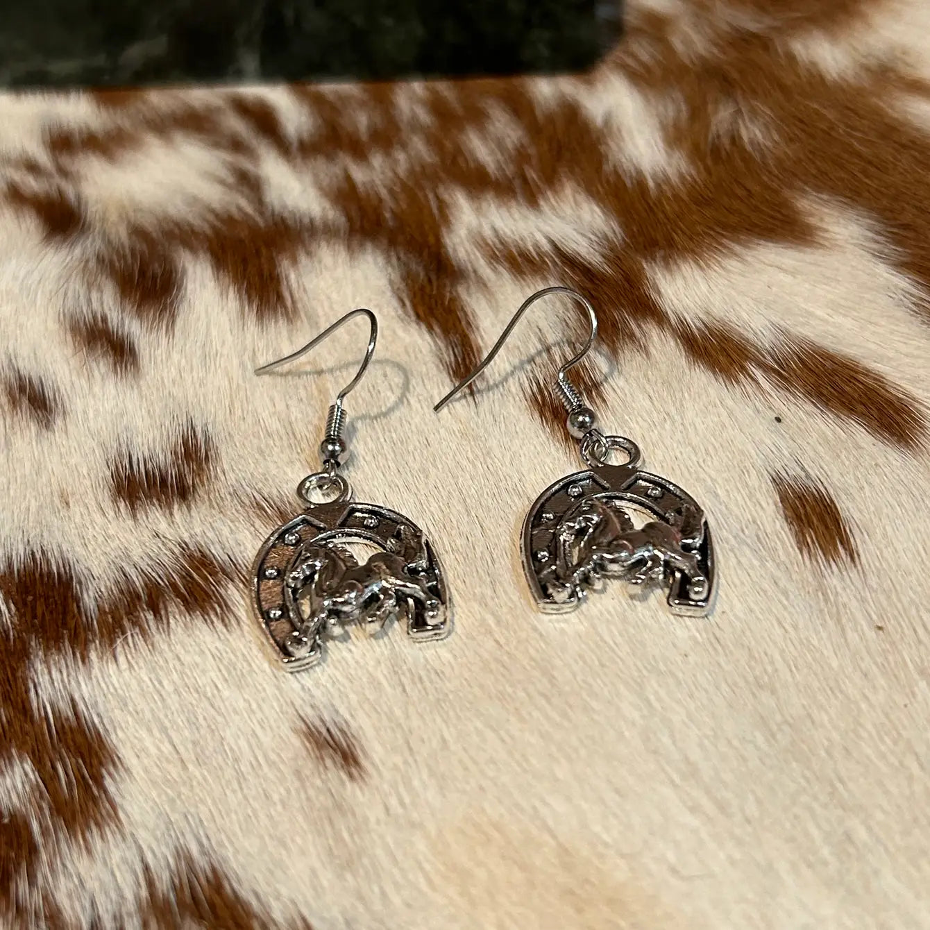 Western Horseshoe with Running Horse Earrings