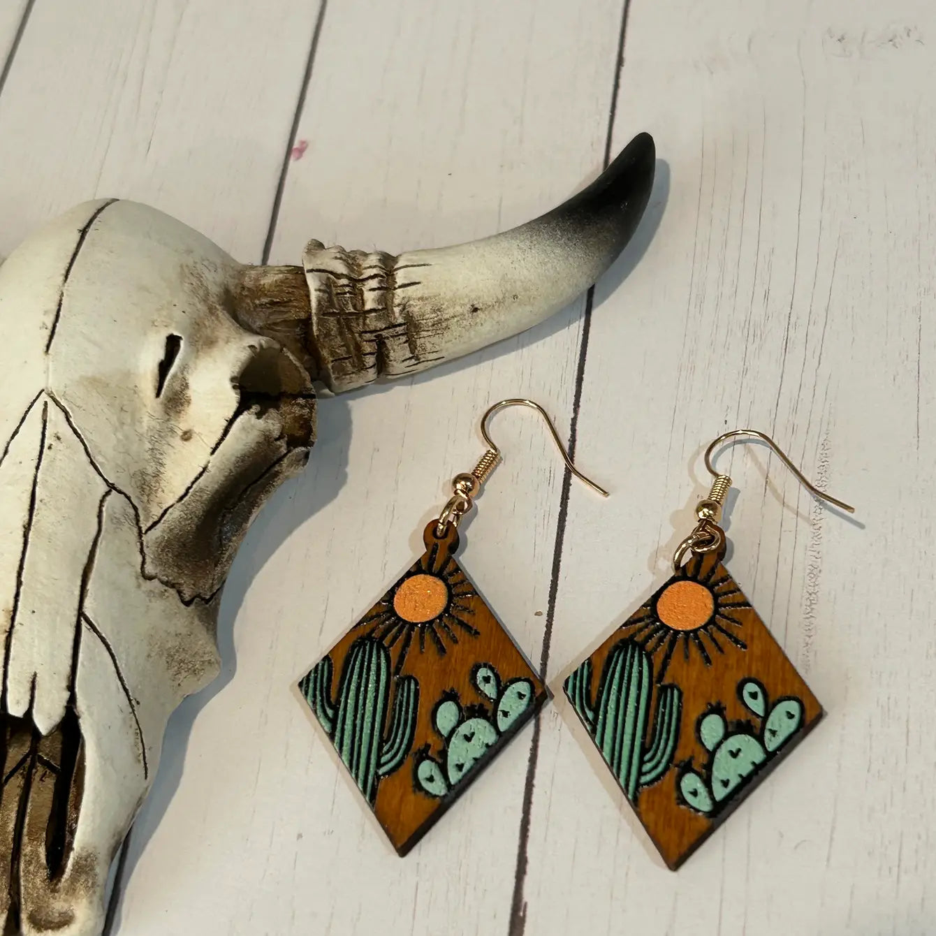 Cactus Theme Painted on Wood Earrings