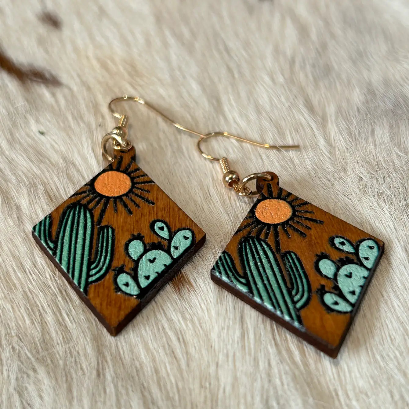 Cactus Theme Painted on Wood Earrings