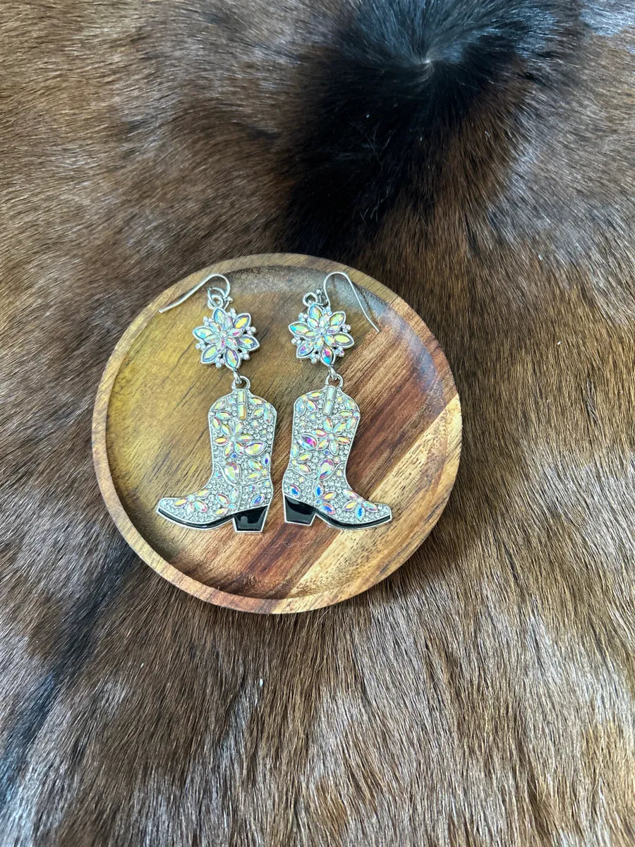 Western Rhinestones Cowgirl Boot and Rosette Earrings