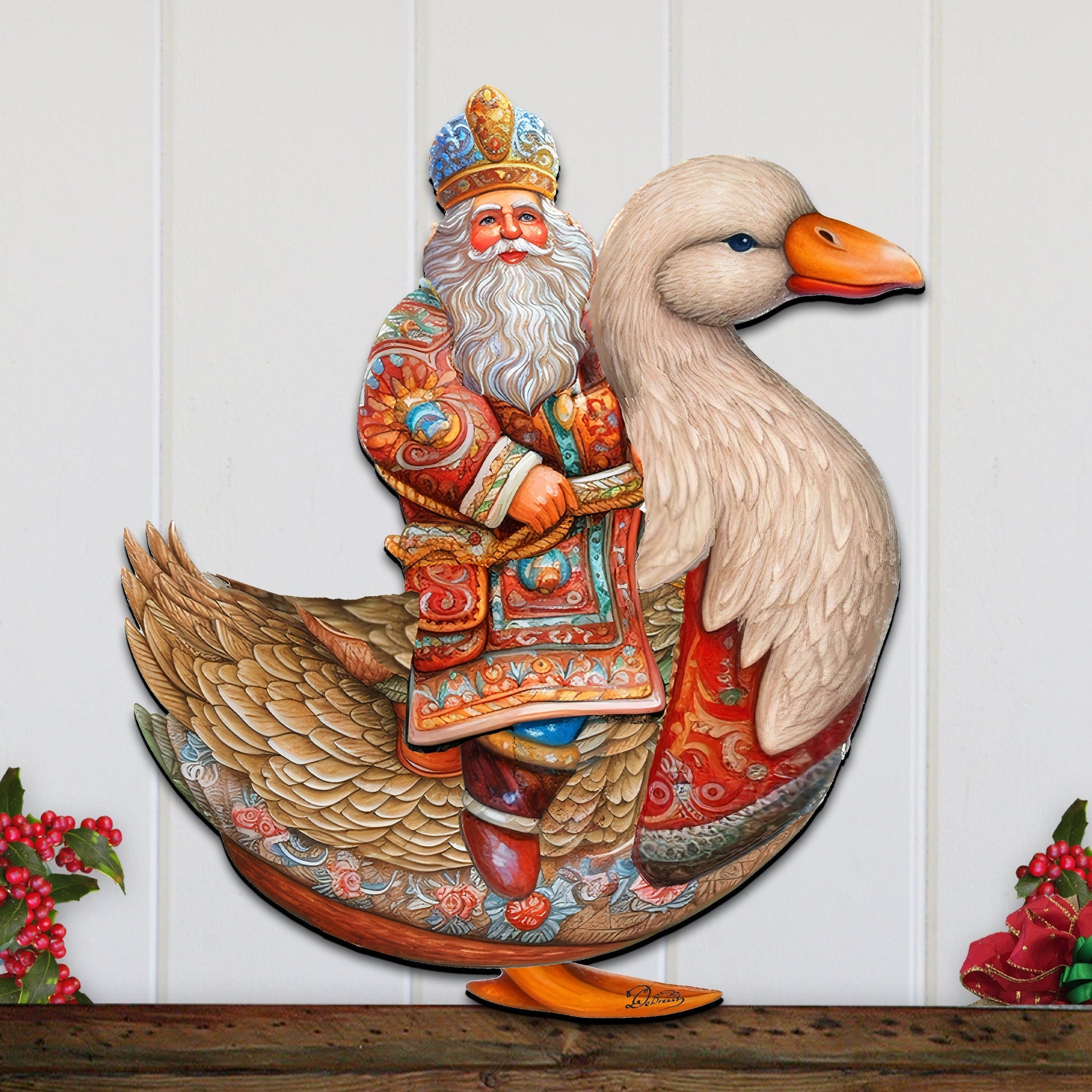 Charming Santa Riding Goose Holiday Door Decor by G. Debrekht - Christmas Santa Snowman Decor - 8611063H-1