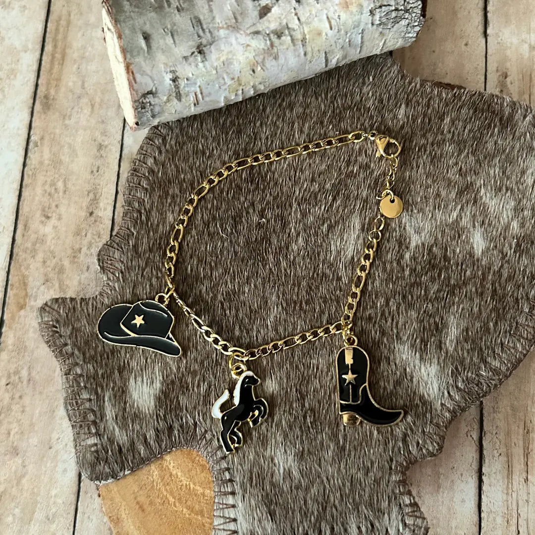 Western Style Bracelet Horse Cowboy Hat and Boot Charms