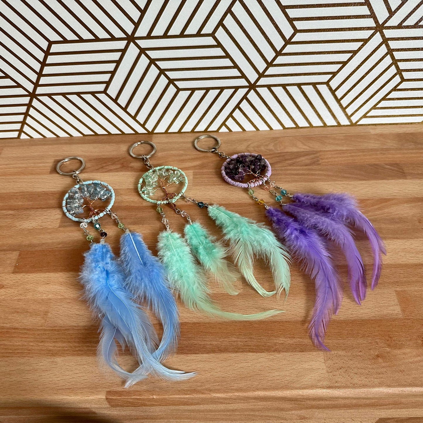 Cute Tree of Life Keychain with Natural Stones — Light Blue, Light Green, Purple-0