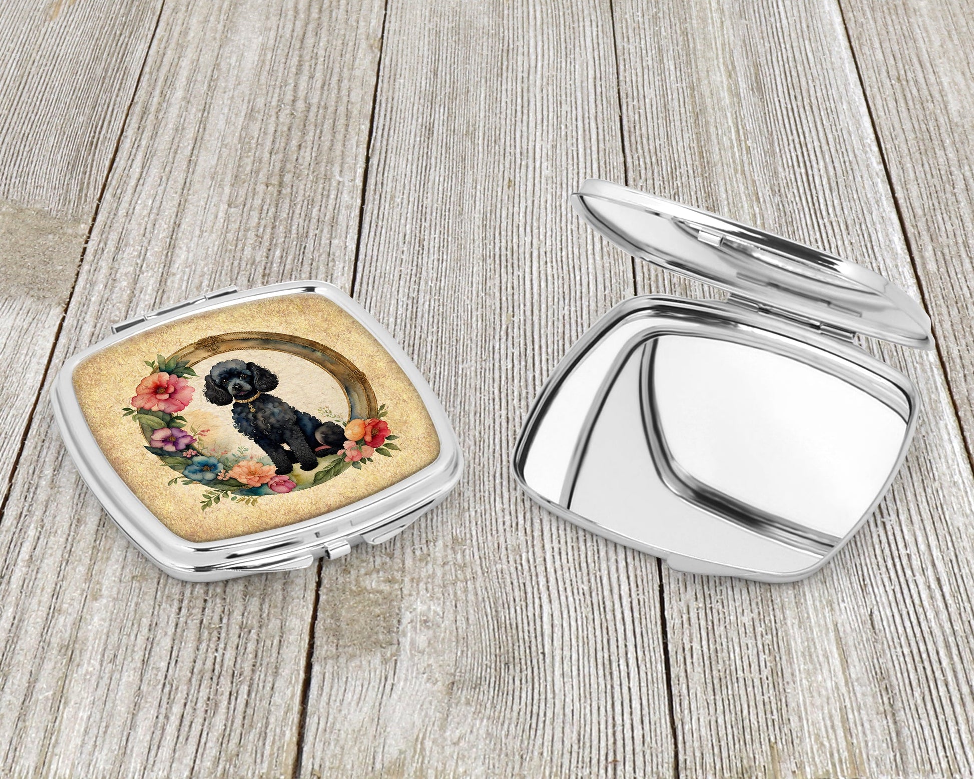 Black Poodle and Flowers Compact Mirror-2