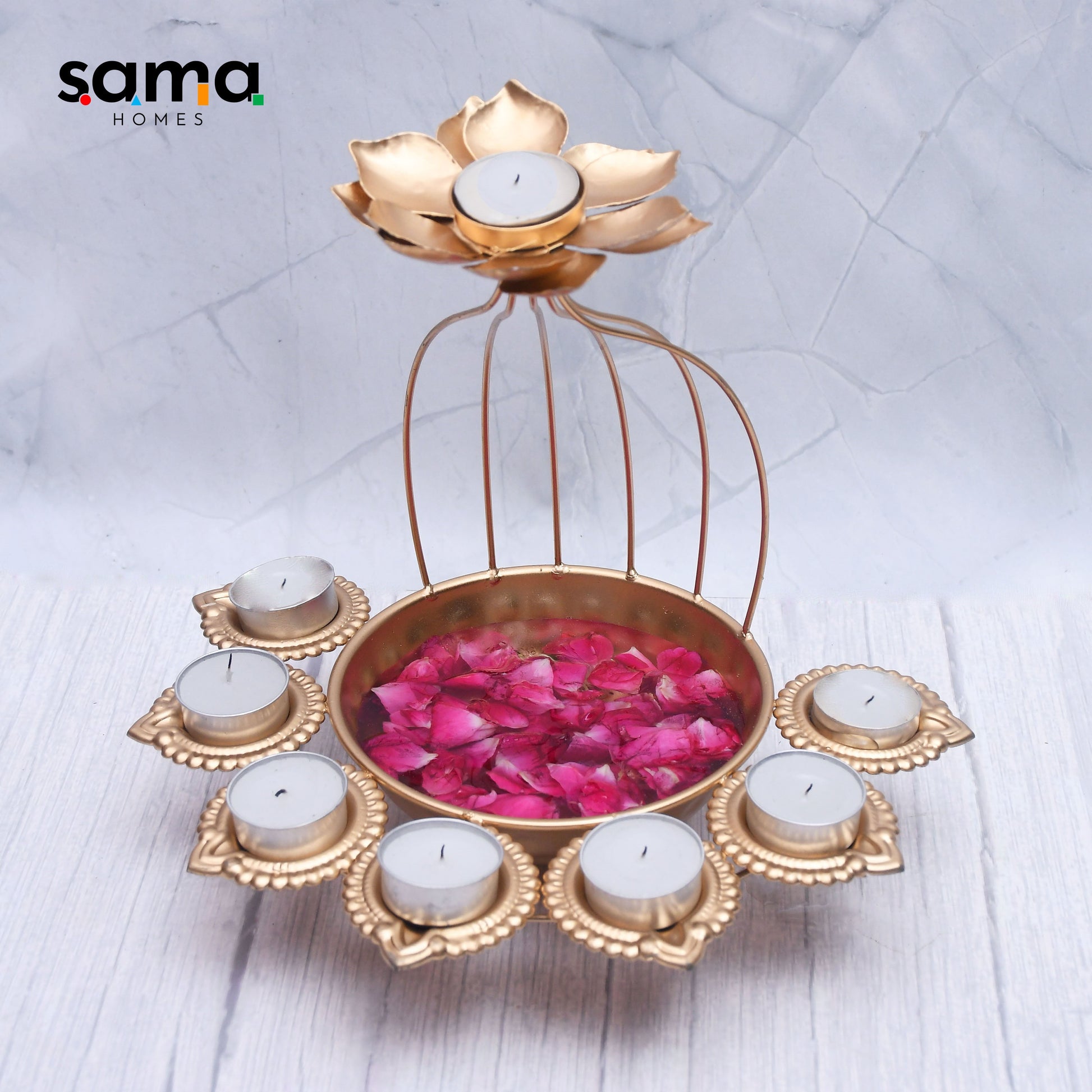 Exclusive Handmade Iron Urli Bowl and Metal Diya Set in Lotus Shape with Gold Powder Coating for Home Decor-0