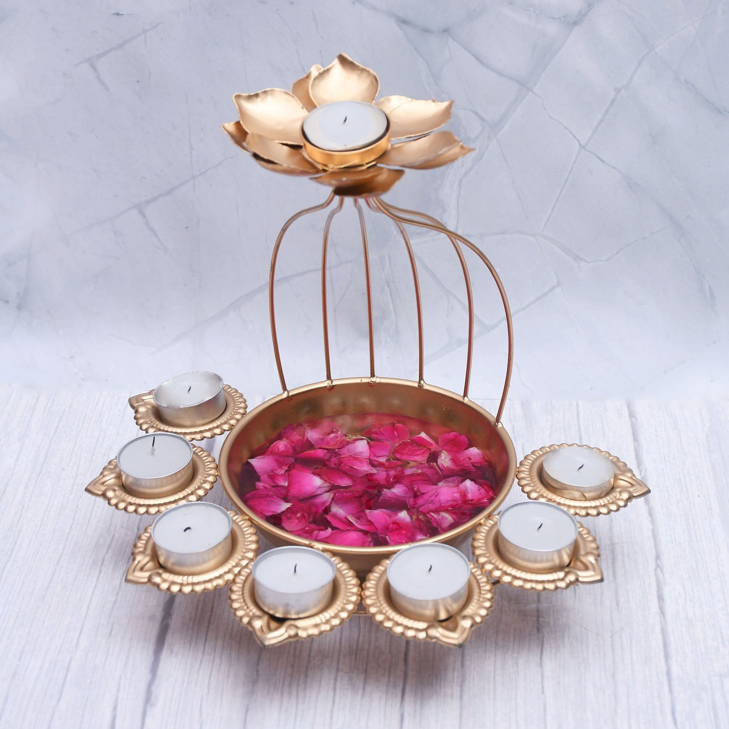 Exclusive Handmade Iron Urli Bowl and Metal Diya Set in Lotus Shape with Gold Powder Coating for Home Decor-2