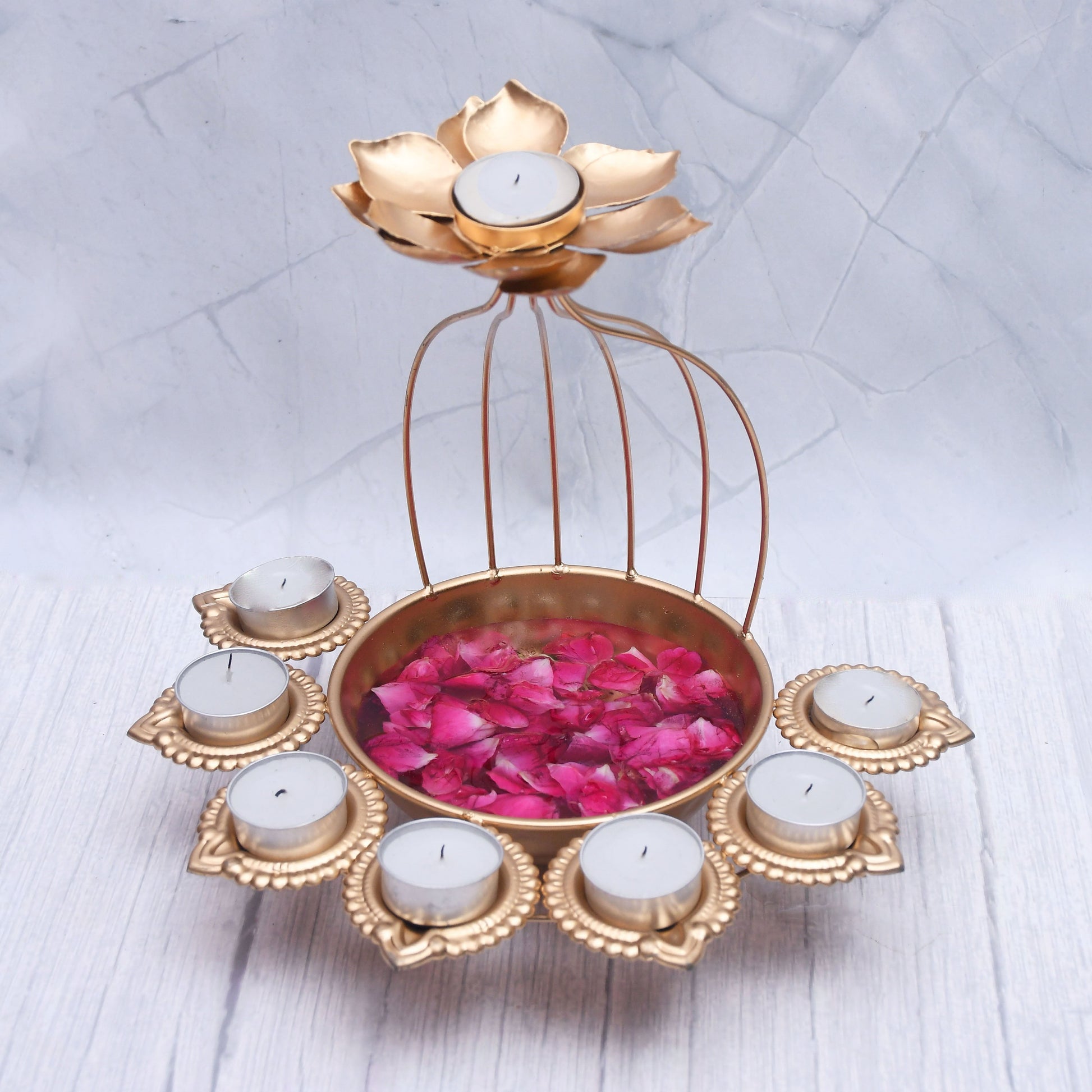 Exclusive Handmade Iron Urli Bowl and Metal Diya Set in Lotus Shape with Gold Powder Coating for Home Decor-2
