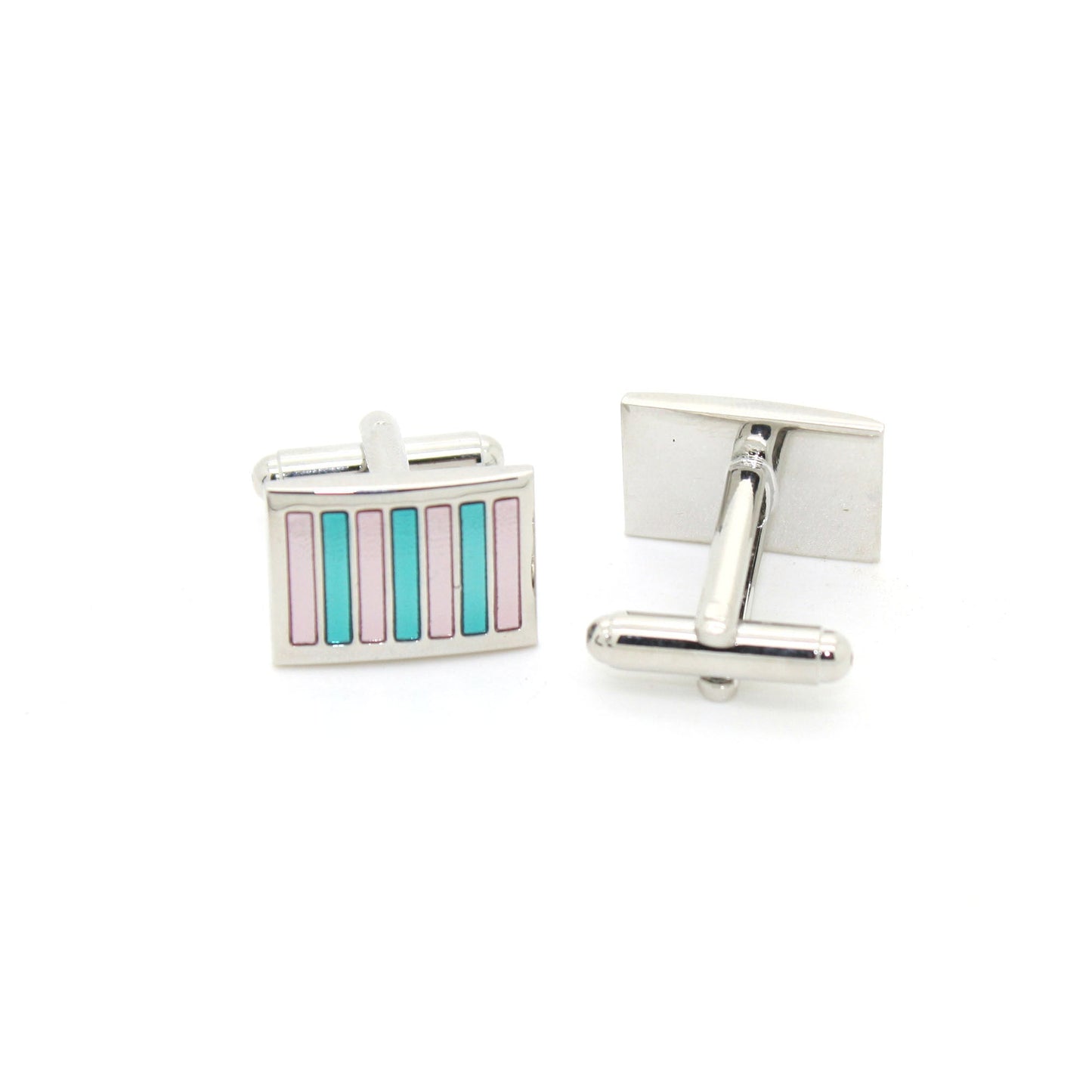 Silvertone Mint & Pink Stripe Cuff Links With Jewelry Box