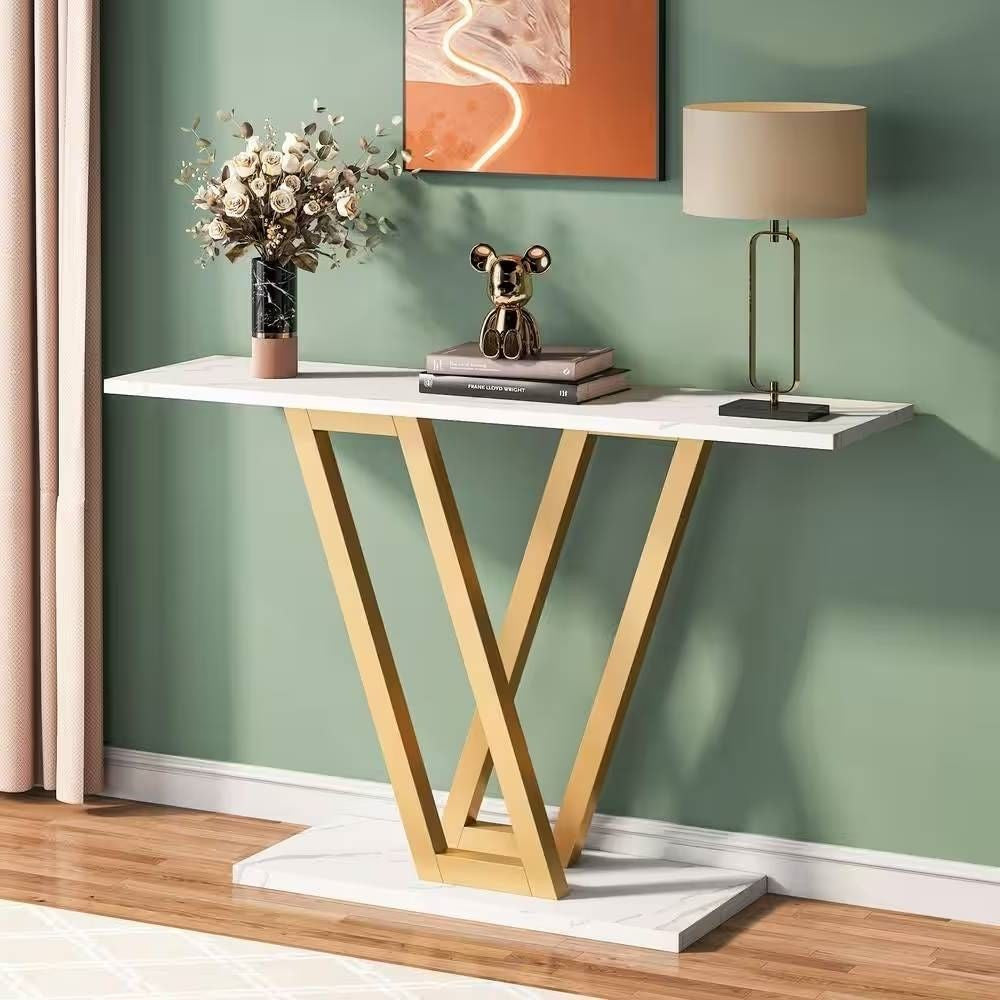 Modern Industrial Console Table with Faux White Marble Top and Gold Frame-0
