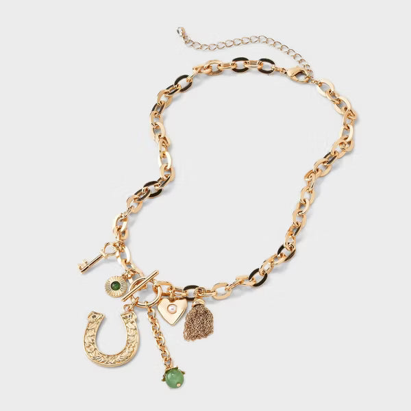 Gold Chain Western Necklace Horseshoe key Heart Bead Tiny Chains Western Charms