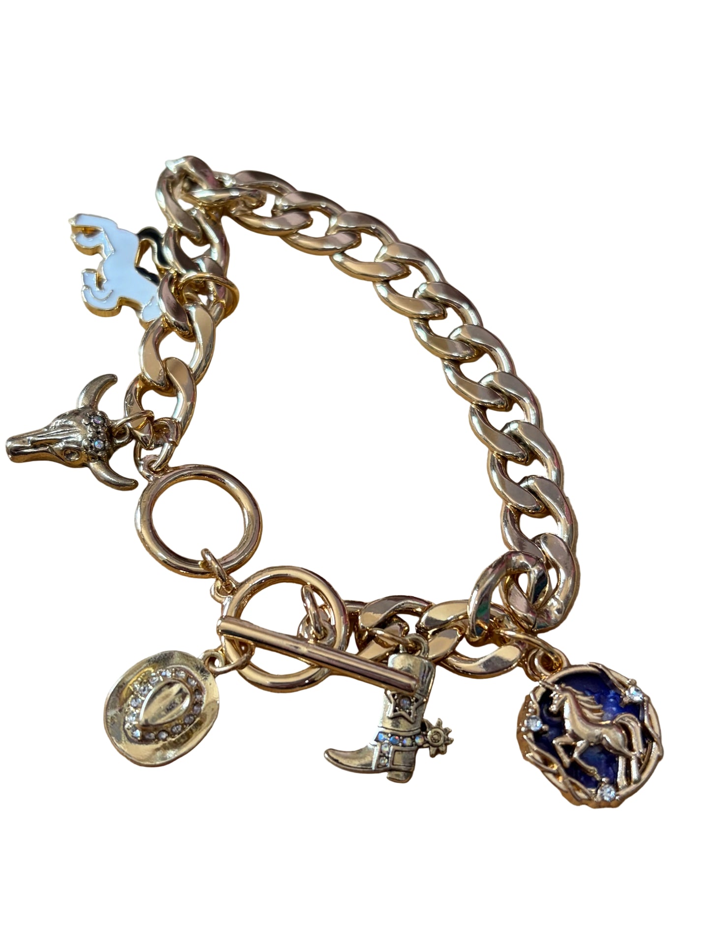Large Gold Color Chain Western Charms Cowboy Hat Boot Horse Bracelet