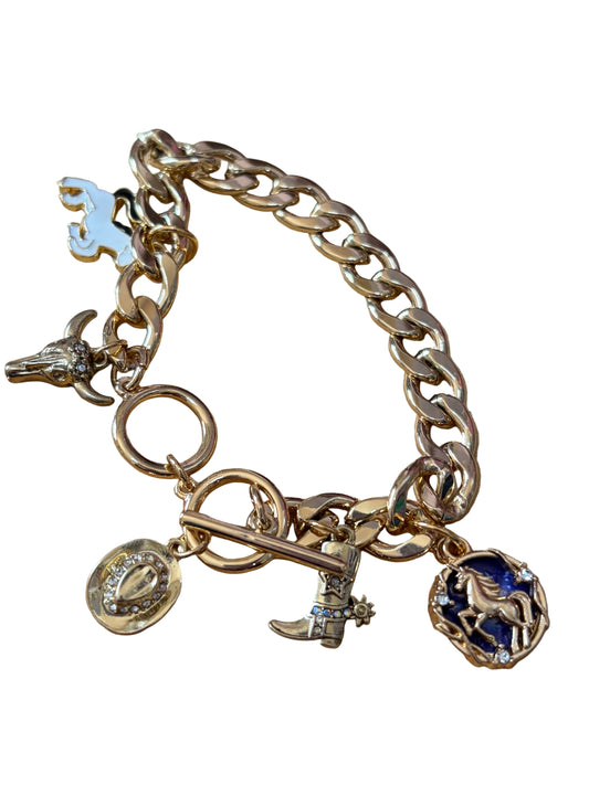 Large Gold Color Chain Western Charms Cowboy Hat Boot Horse Bracelet
