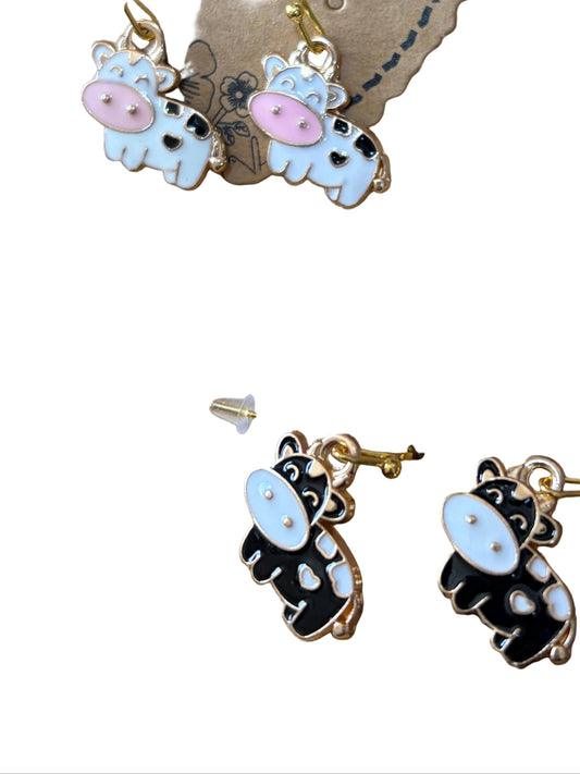 Cartoon  White Black Little Cows 4-H Earrings