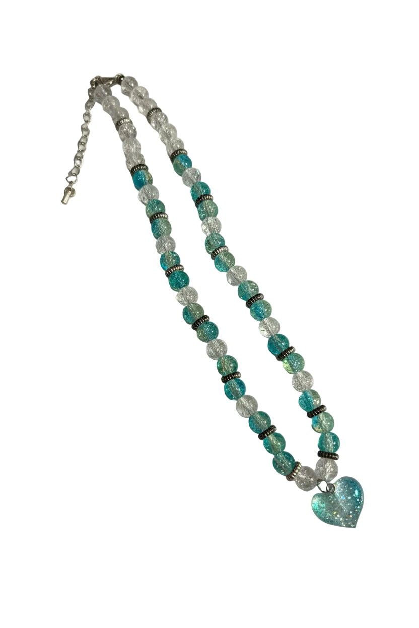 Glass Bead Necklace Heart Charm Turquoise White Glass Beads