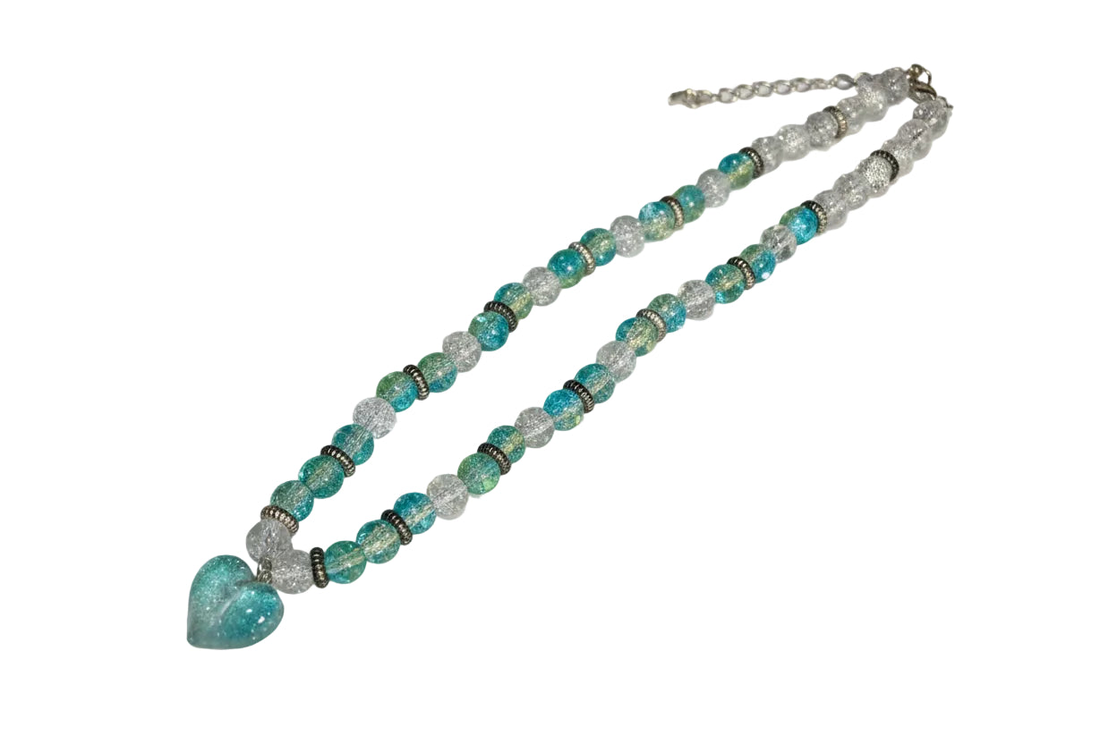 Glass Bead Necklace Heart Charm Turquoise White Glass Beads
