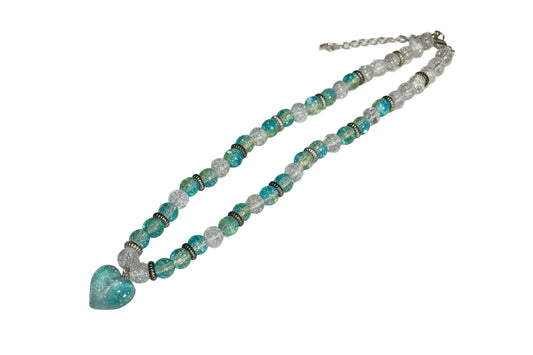 Glass Bead Necklace Heart Charm Turquoise White Glass Beads