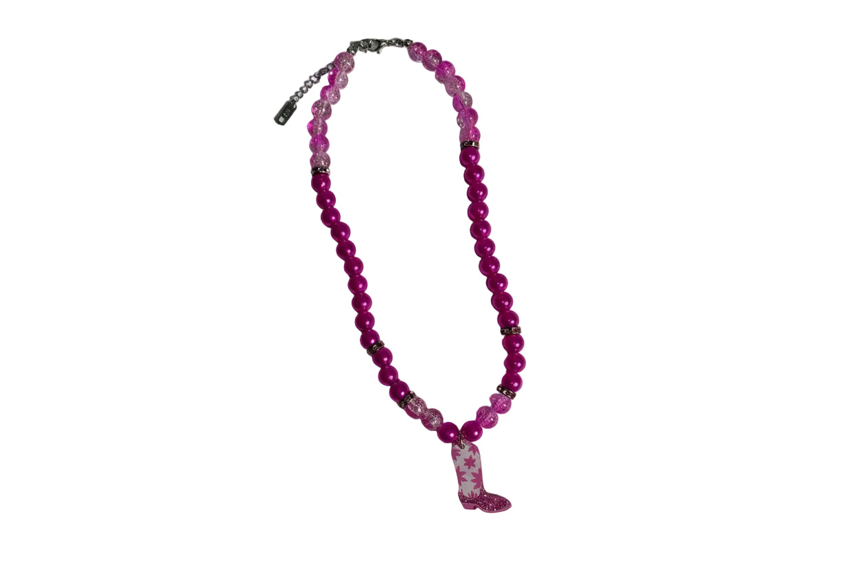 Girls Glass Beads Western Necklace Pink Beads Western Boot