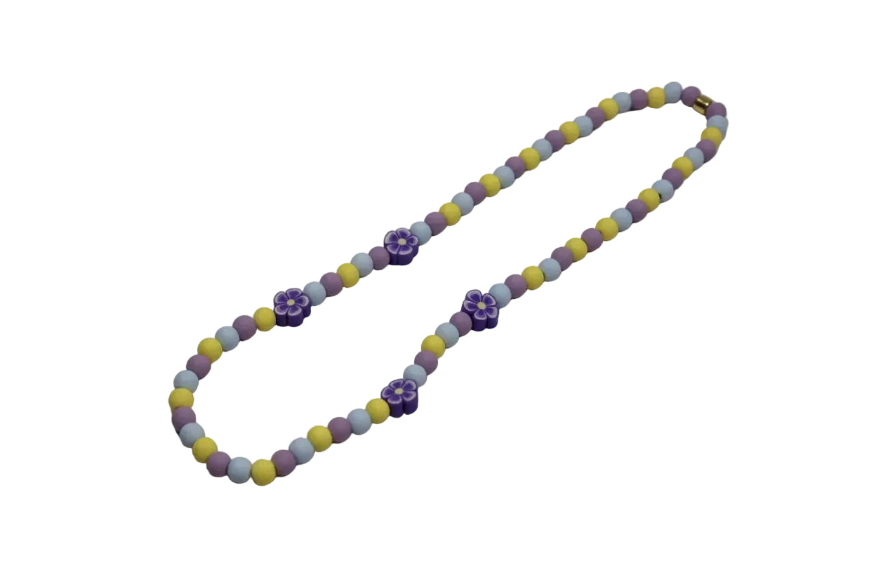 Girls Stretch Necklace Purple Flowers Yellow Soft Blue Purple Beads