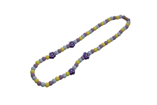 Girls Stretch Necklace Purple Flowers Yellow Soft Blue Purple Beads