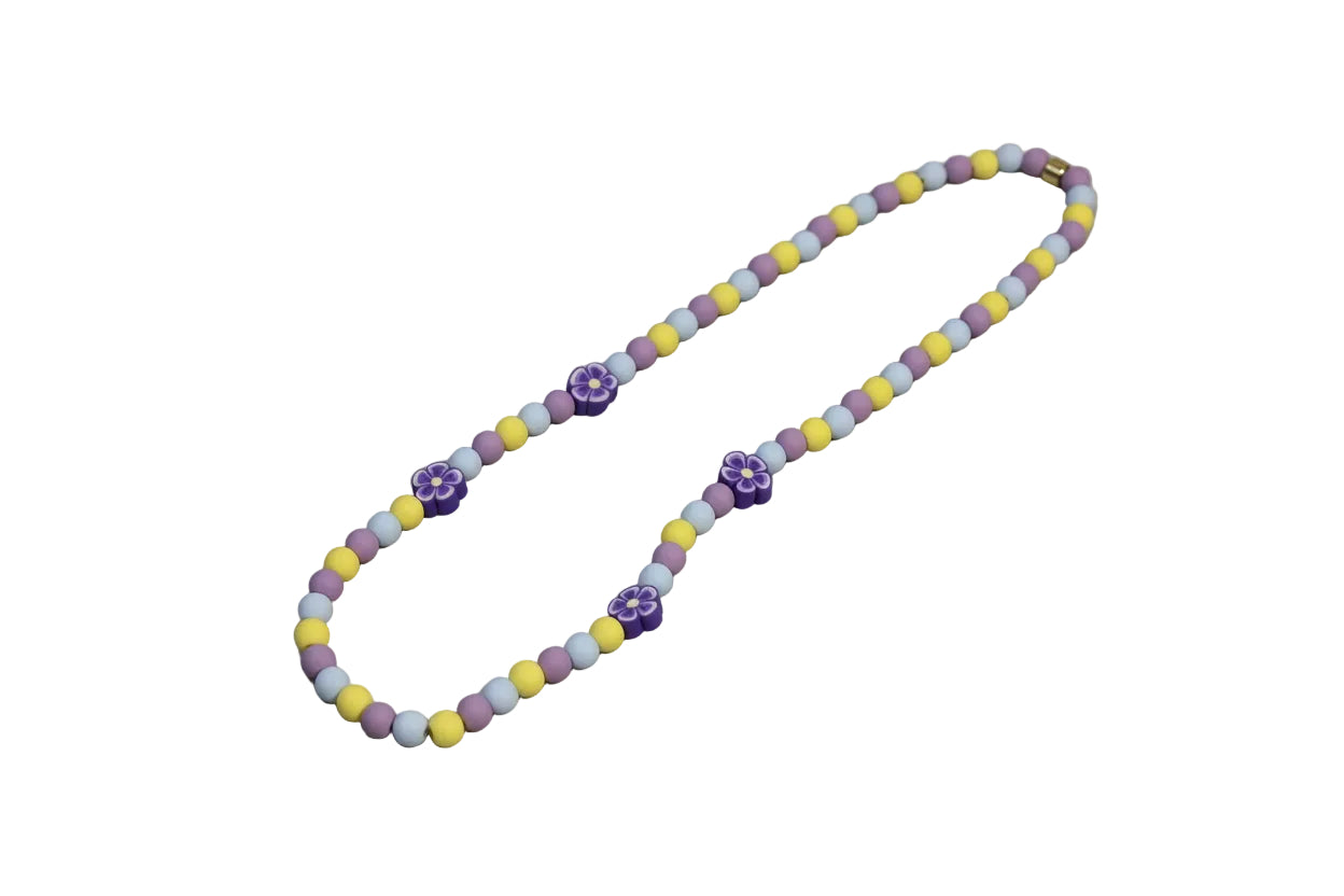 Girls Stretch Necklace Purple Flowers Yellow Soft Blue Purple Beads
