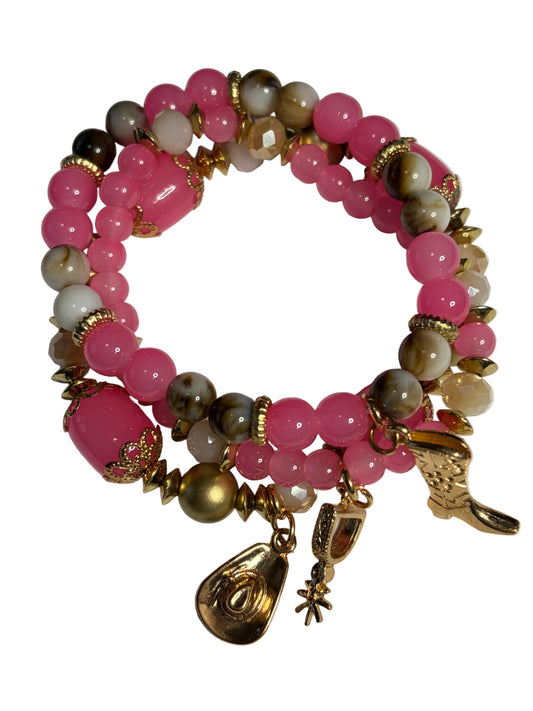 3 piece Stretch Beads Western Bracelet Set Pink Gold