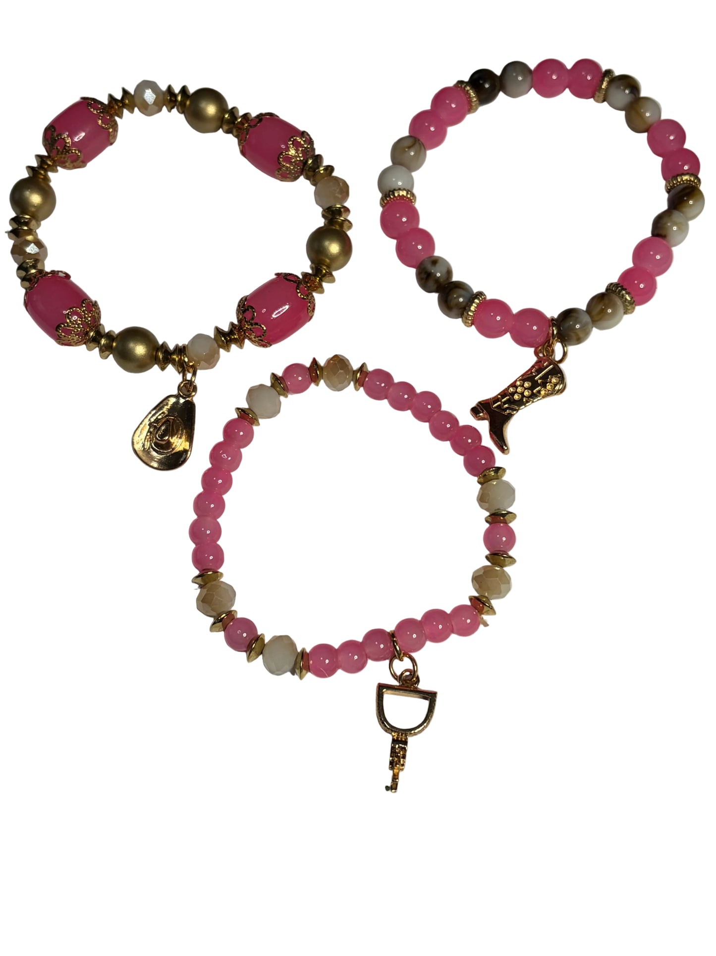 3 piece Stretch Beads Western Bracelet Set Pink Gold