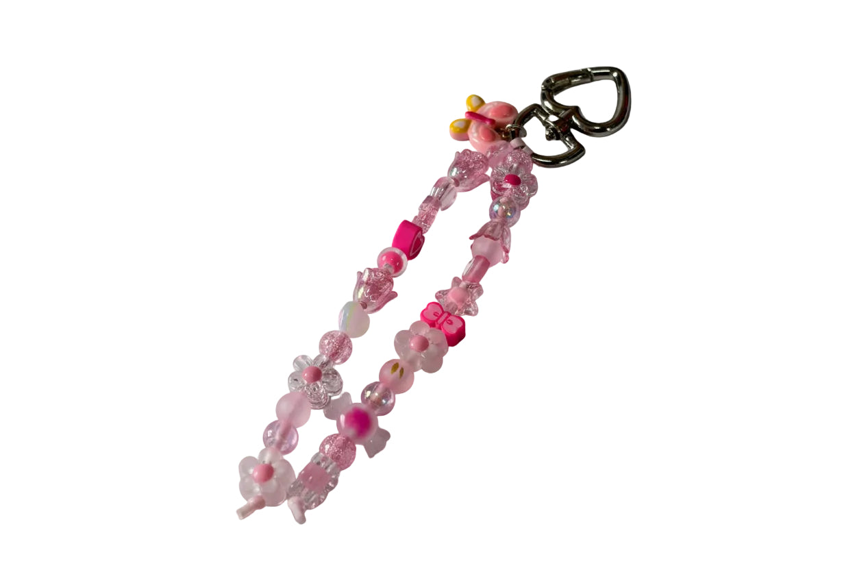 Girls Pink Bag Charm Pink Butterfly Charm Flower Beads Bag Charm Backpack