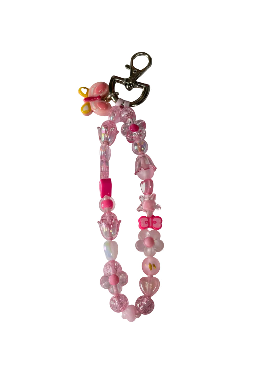 Girls Pink Bag Charm Pink Butterfly Charm Flower Beads Bag Charm Backpack