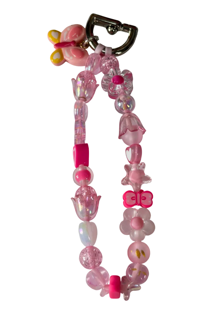Girls Pink Bag Charm Pink Butterfly Charm Flower Beads Bag Charm Backpack