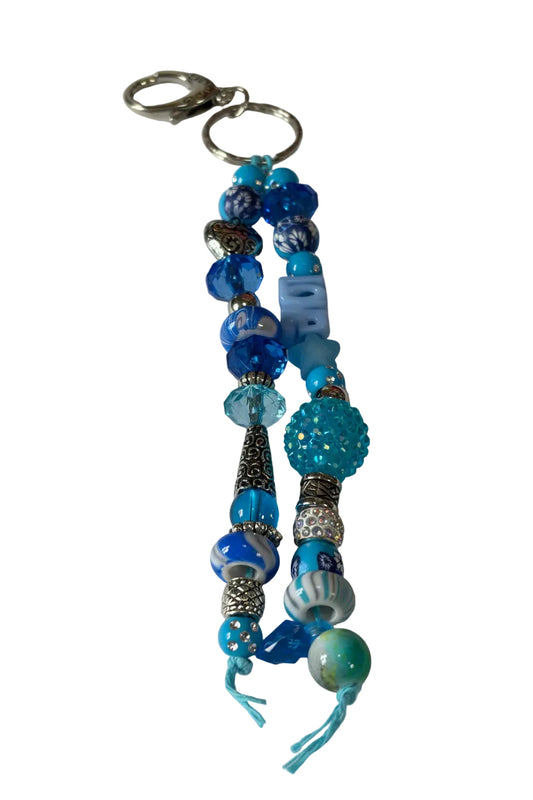 Assorted Blue Beads Silver Heart Silver Spacers Bag Charm Keychain