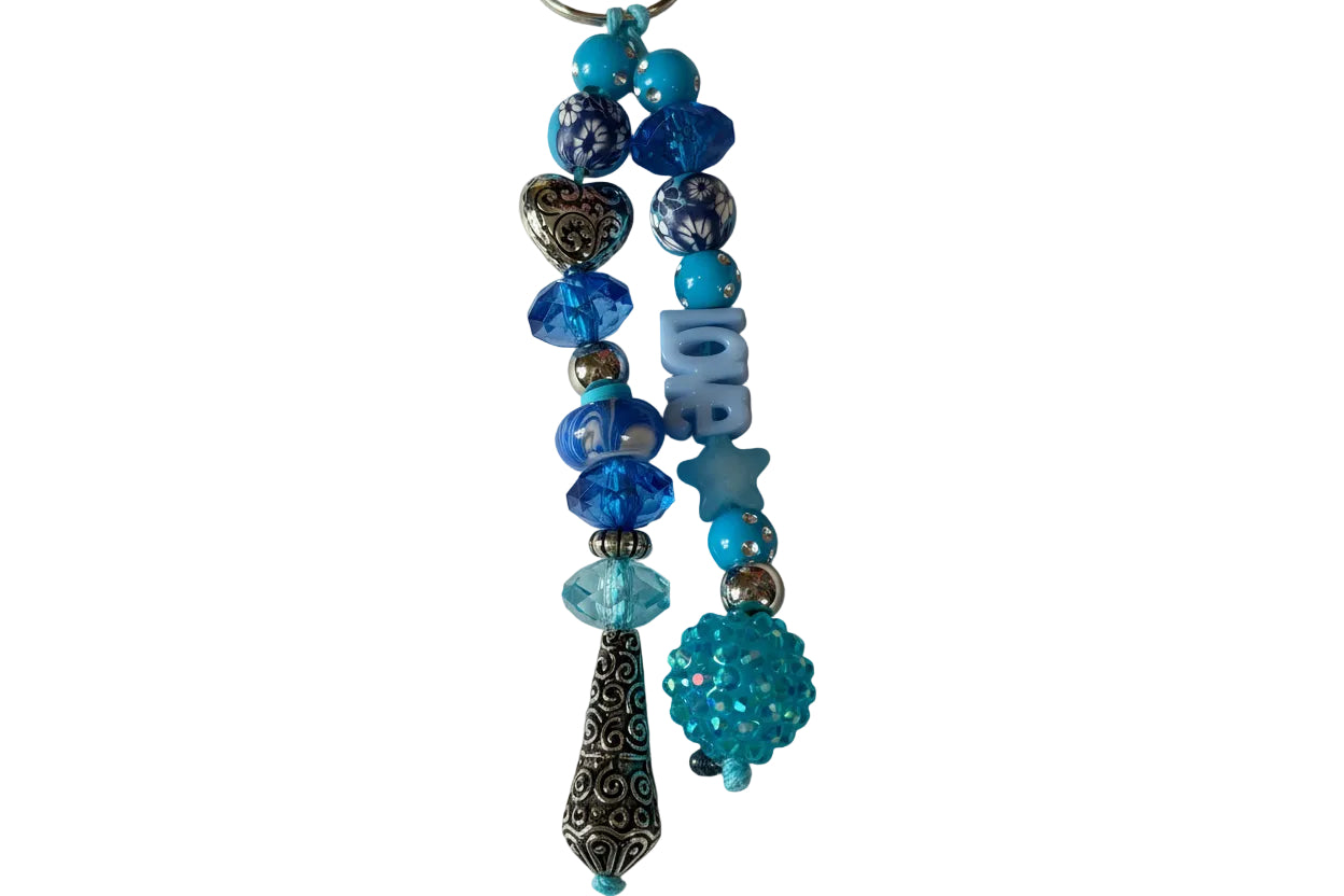 Assorted Blue Beads Silver Heart Silver Spacers Bag Charm Keychain