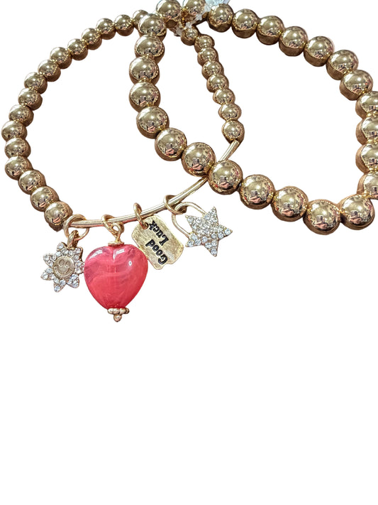 Gold Stretch Beaded Bracelet Set Heart Star Good Luck Charm